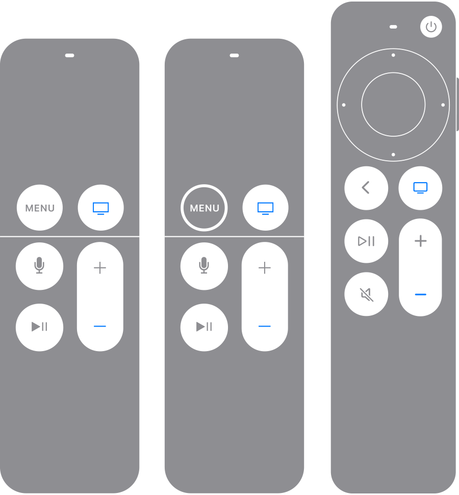 Siri Remote（第 1 代）或 Apple TV Remote（第 1 代）和 Siri Remote（第 2 代）或 Apple TV Remote（第 2 代）。